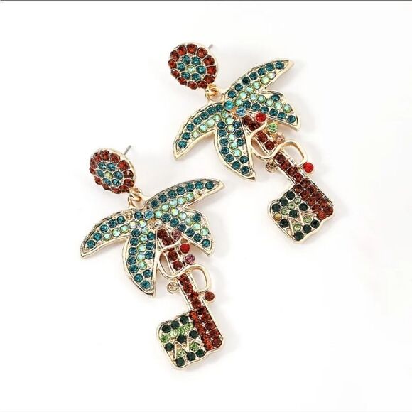 New PALM COCONUT TREE rhinestone earrings - Picture 1 of 7